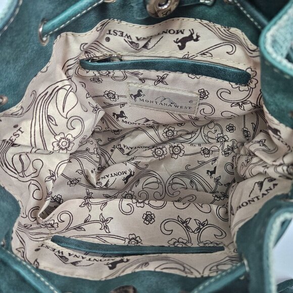 Montana West Green Canvas/Faux Leather Studded Suede Tassel Crossbody Bucket Bag - Picture 5 of 11